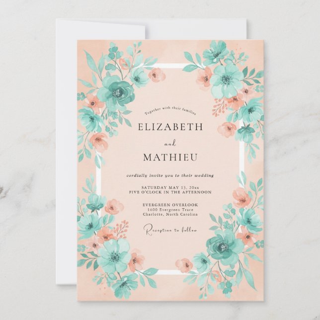Peach Turquoise Floral Dream Wedding Invitation (Front)