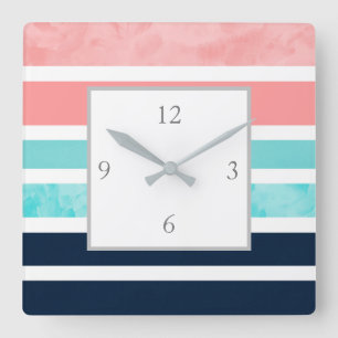 Peach, Turquoise, Indigo, White Stripes   Square Wall Clock