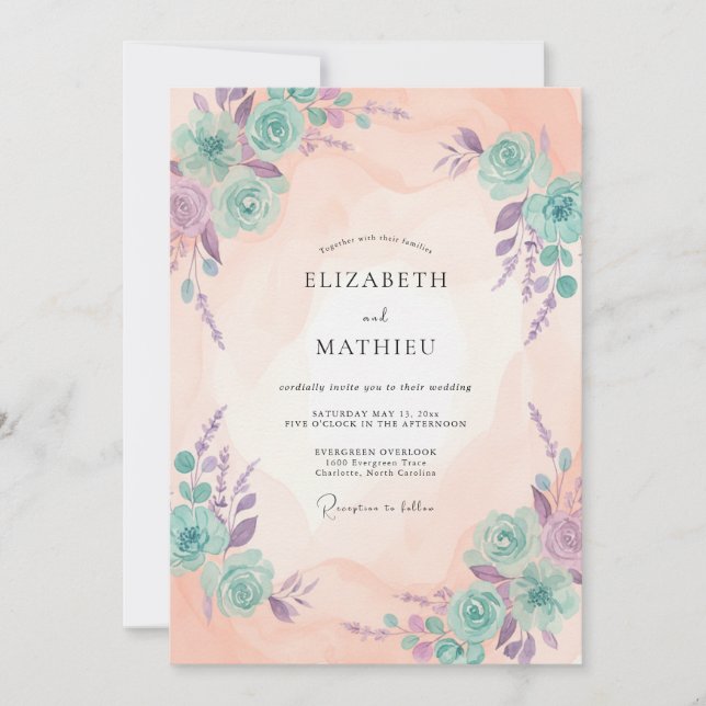 Peach Turquoise Ranunculus Eucalyptus Wedding Invitation (Front)
