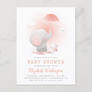Peach Umbrella Elephant & Bunny Girl Baby Shower Invitation Postcard