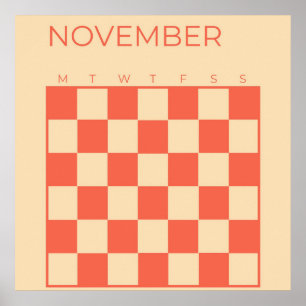 Peach Undated Chequered November Monthly Calendar Poster