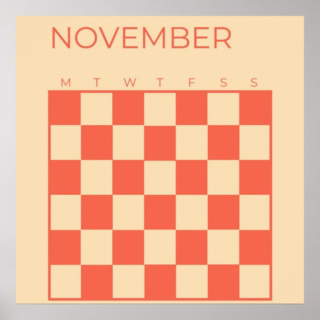 Peach Undated Chequered November Monthly Calendar Poster (Front)