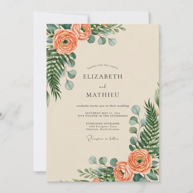 Peach Verdant Botanical Wedding Invitation (Front)