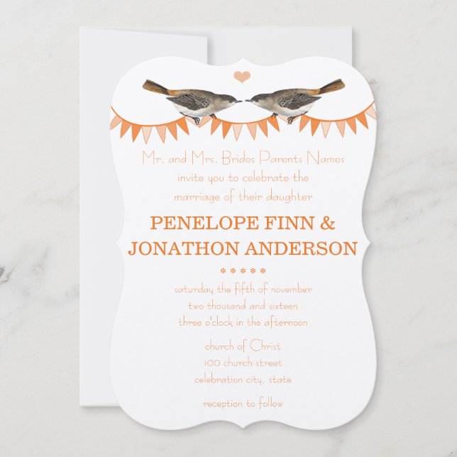 Peach Vintage Bird Bunting Wedding Invitations (Front)