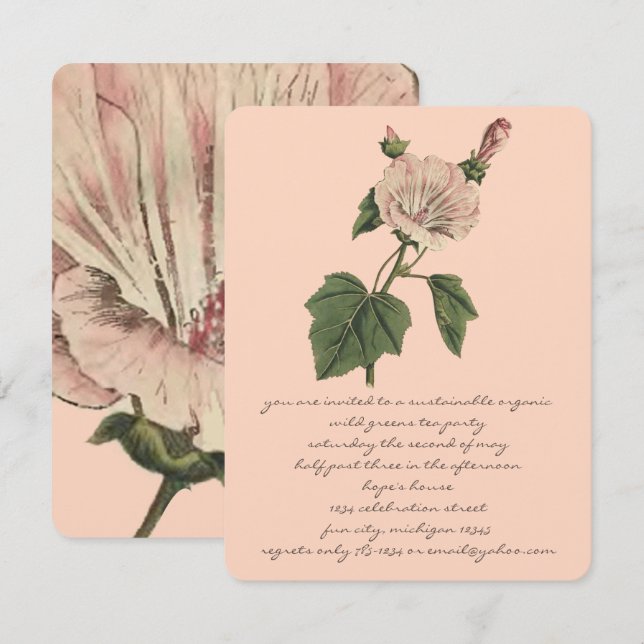 Peach Vintage Boho Botanical Rose Flower Dinner  Invitation (Front/Back)