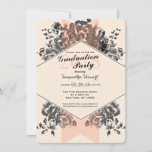 Peach Vintage Floral and Stripe Invitation (Front)