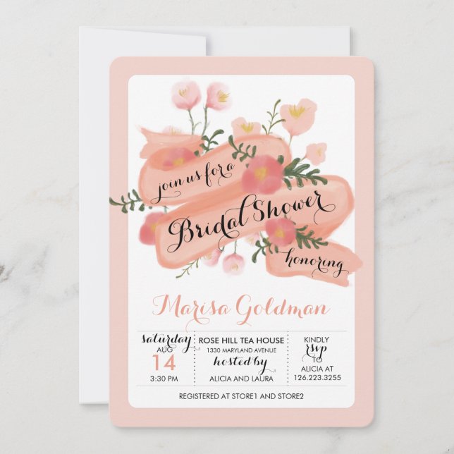 Peach Vintage Floral Banner Bridal Shower Invitation (Front)