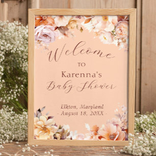 Peach Vintage Floral Fall Baby Shower Welcome Poster