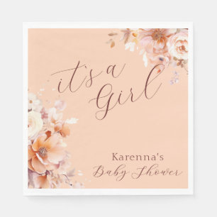 Peach Vintage Floral Fall It's a Girl Baby Shower Napkin