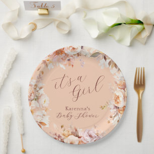 Peach Vintage Floral Fall It's a Girl Baby Shower Paper Plate