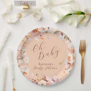 Peach Vintage Floral Fall Oh Baby Shower Paper Plate