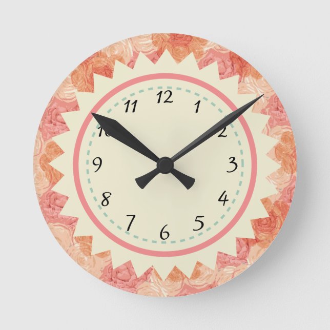 Peach Vintage Floral Rose Round Clock (Front)