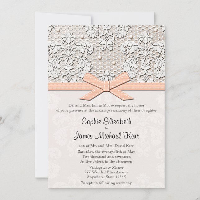Peach Vintage Lace and Pearls Glamour Wedding Invitation (Front)