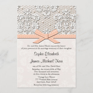 Peach Vintage Lace and Pearls Glamour Wedding Invitation
