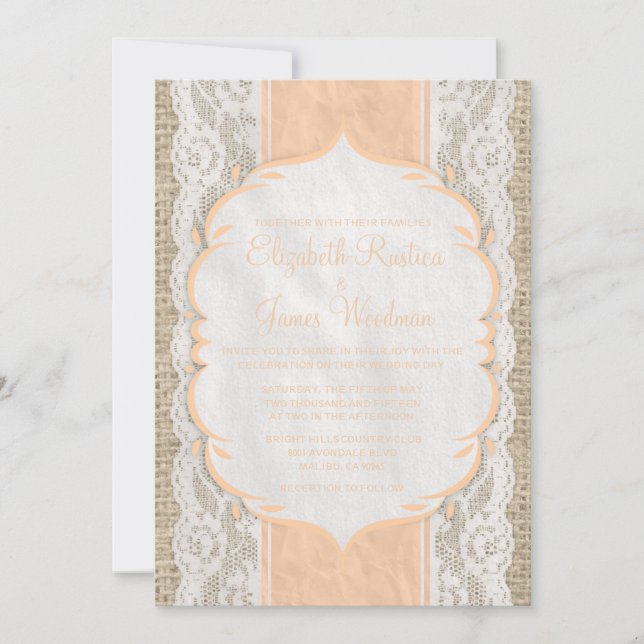 Peach Vintage Linen Burlap Lace Wedding Invitation (Front)