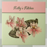 Peach Vintage Orchid Botanical Image Monogram Tile<br><div class="desc">This lovely peach orchid vintage illustration is offset with a color block of peach and olive. The image is from a decades-old botanical publication, and it's a lovely way to enjoy vintage art. Your name or message is written in lovely script across the top. Make sure to replace the placeholder...</div>