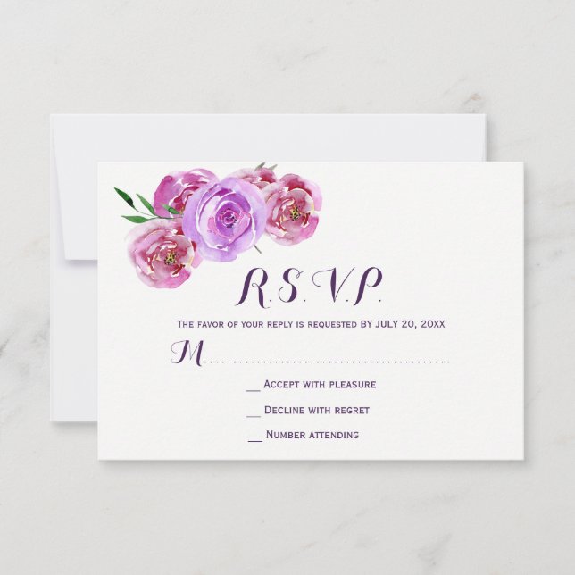 Peach violet plum peonies floral wedding RSVP (Front)
