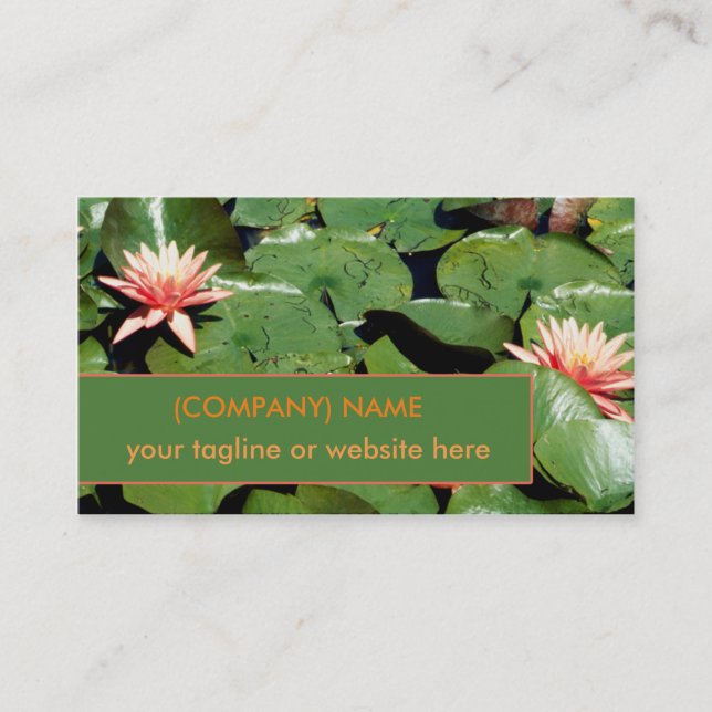 Peach Water Lilies, Lotus Flowers, Green Lily Pads Business Card (Front)