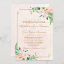 Peach Watercolor and Floral Wedding Invitation