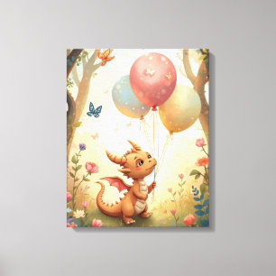 Peach Watercolor Baby Dragon Balloons Nursery  Canvas Print