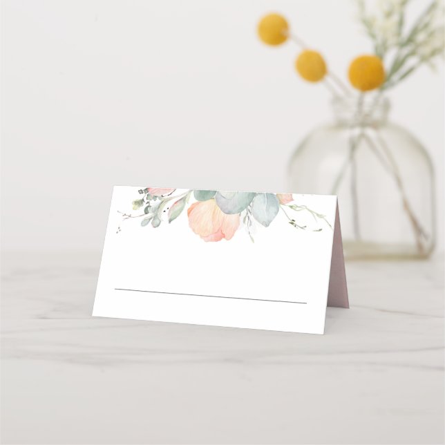 Peach Watercolor Blossoms Wedding Place Card (Front)
