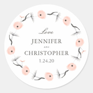 Peach Watercolor Dandelion Wedding Custom Favour Classic Round Sticker