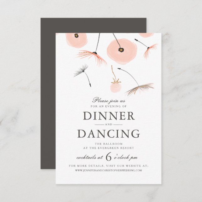 Peach Watercolor Dandelion Wedding Reception card (Front/Back)