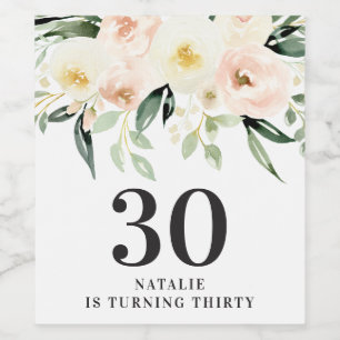 Peach watercolor floral 30th birthday party favour wine label