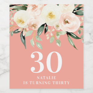 Peach watercolor floral 30th birthday party favour wine label