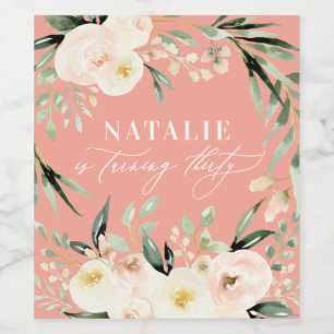 Peach watercolor floral 30th birthday party favour wine label