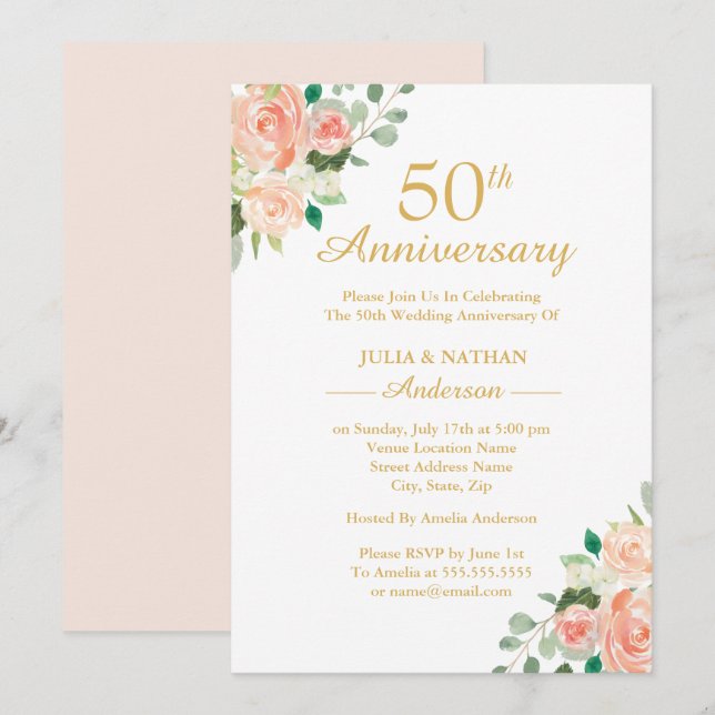 Peach Watercolor Floral 50th Wedding  Anniversary Invitation (Front/Back)