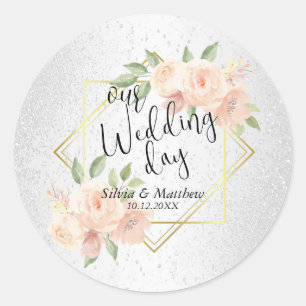 Peach Watercolor Floral and White Glitter Classic Round Sticker