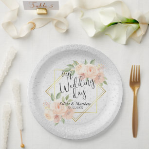Peach Watercolor Floral and White Glitter  Paper Plate