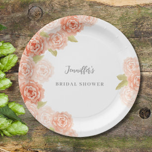 PEACH WATERCOLOR FLORAL BRIDAL SHOWER PAPER PLATE