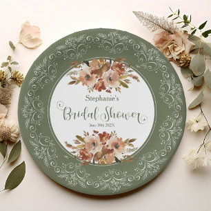 Peach Watercolor Floral Bridal Shower Sage Green Paper Plate