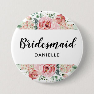 Peach Watercolor Floral Bridesmaid Monogrammed 7.5 Cm Round Badge
