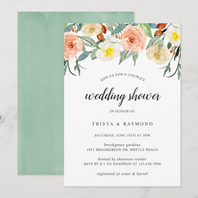 Peach Watercolor Floral Couples Wedding Shower Invitation (Front/Back)