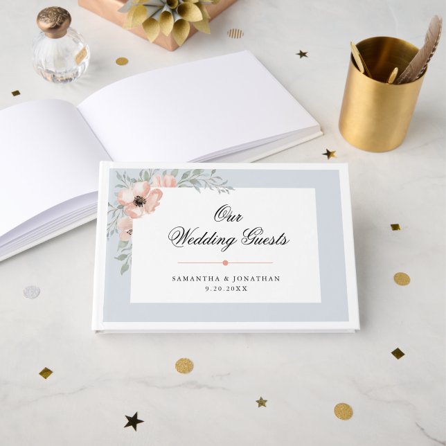 Peach Watercolor Floral Dusty Blue Wedding Guest Book (Front Open)