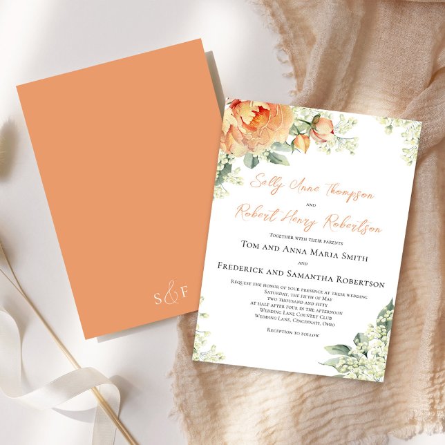 Peach Watercolor Floral Elegant Wedding Invitation (Wedding beautiful peach and green floral invitations. )