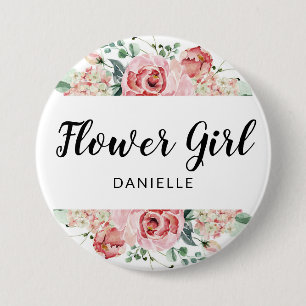 Peach Watercolor Floral Flower Girl Monogrammed 7.5 Cm Round Badge