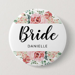 Peach Watercolor Floral Frame Bride Monogrammed 7.5 Cm Round Badge