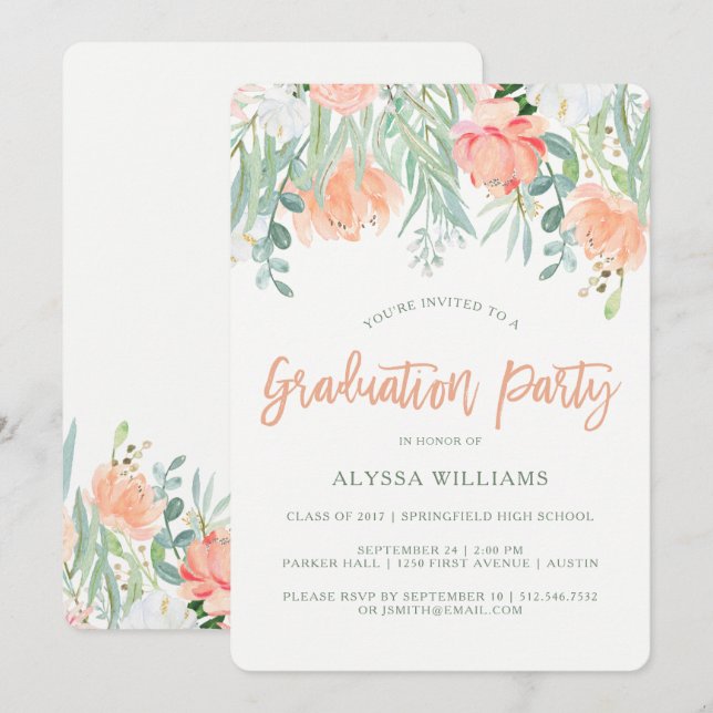 Peach Watercolor Floral | Graduation Party Invitation (Front/Back)