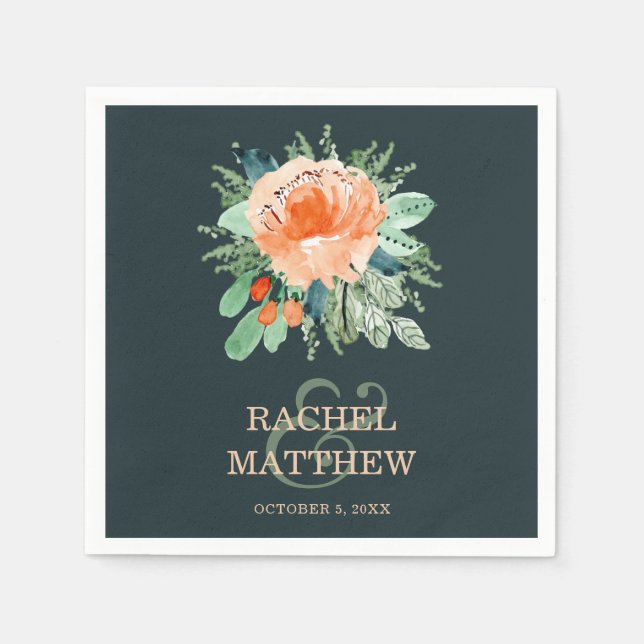 Peach Watercolor Floral on Teal Wedding Napkin (Front)