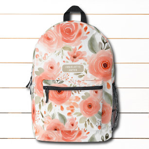 Peach Watercolor Floral Pattern Personalised Name Printed Backpack
