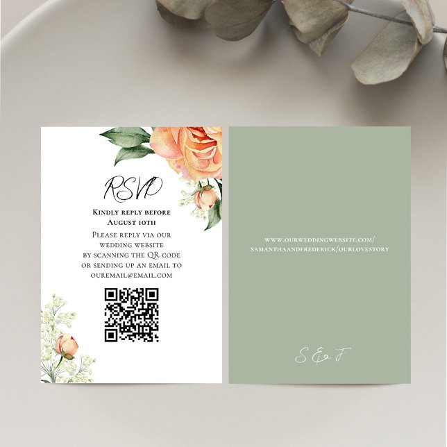 Peach Watercolor Floral QR Code RSVP (Elegant wedding RSVP card with watercolor peach floral design.)