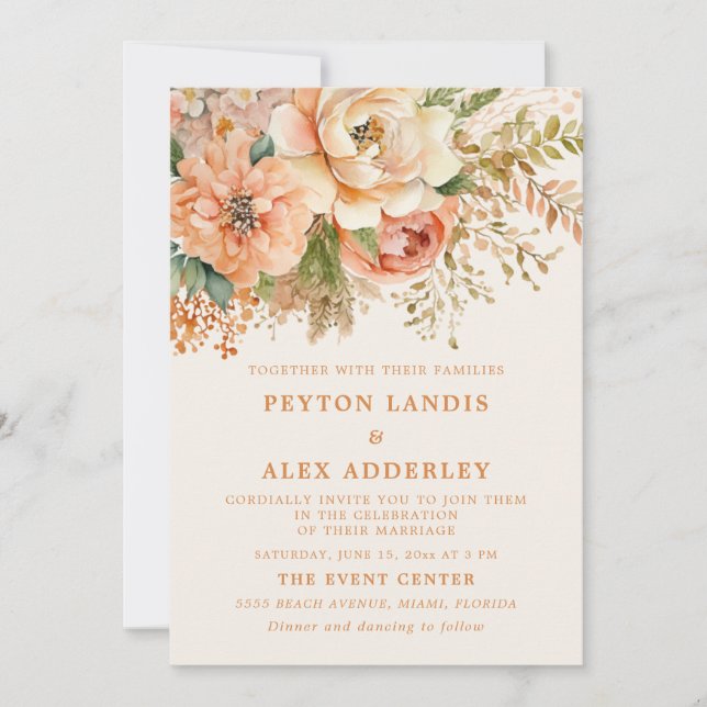 Peach Watercolor Floral Sage Green Cream Wedding Invitation (Front)