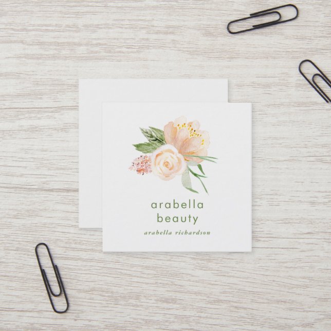 Peach Watercolor Floral | Social Media Icons Square Business Card (Front/Back In Situ)