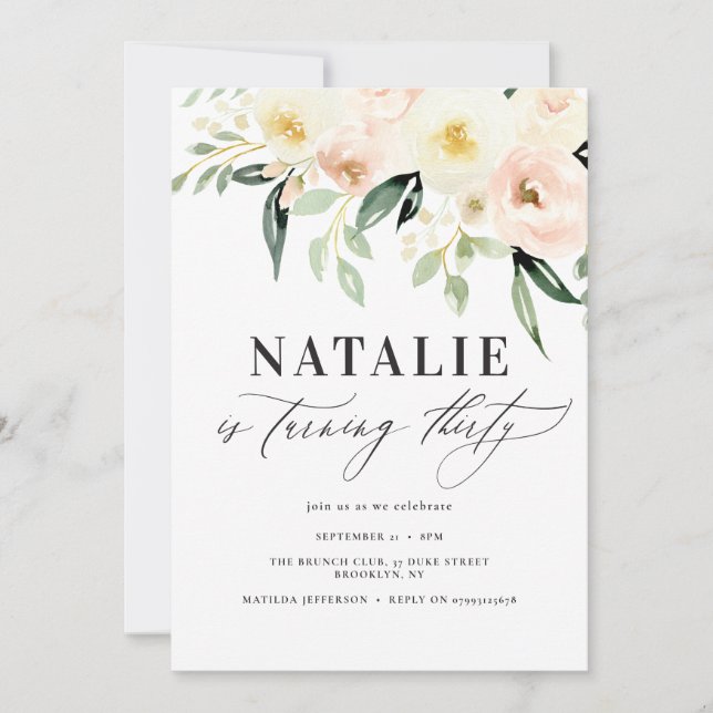 Peach watercolor floral thirtieth birthday party (Front)