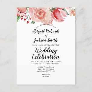 Peach Watercolor Floral Top Border Trendy Wedding Invitation Postcard