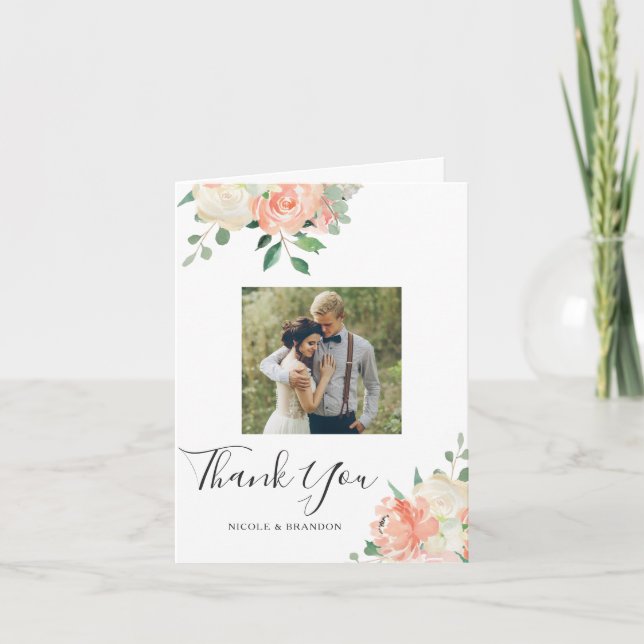 Peach Watercolor Floral Wedding Photo Thank You Card (Front)